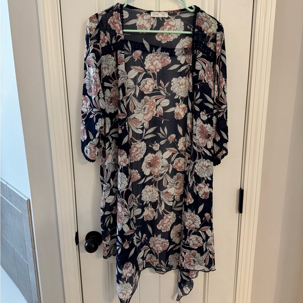 emory park Navy Floral Sheer Duster Cardigan with Pink and White Blooms